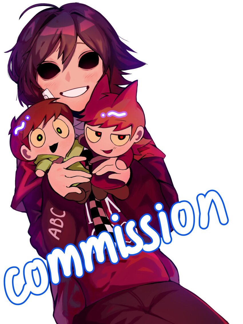 1other, ahoge, blush, borrowed_character, brown_hair, character_doll, commentary, commission