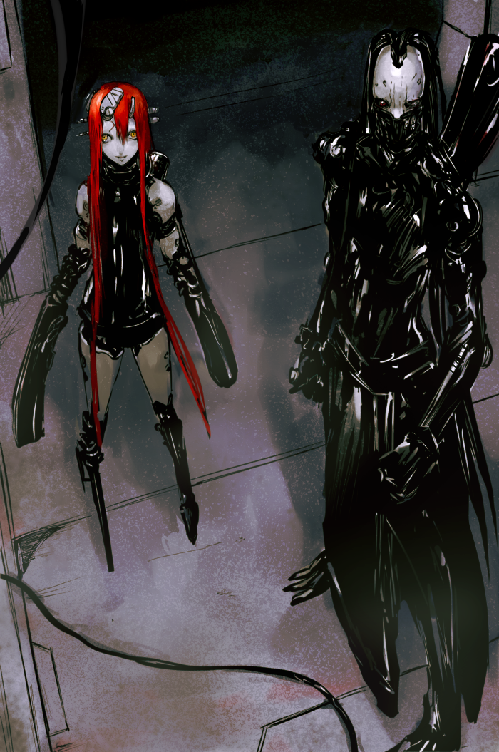 1boy, 1girl, arm_mounted_weapon, biomechanical, black_dress, black_hair, blame!, dress