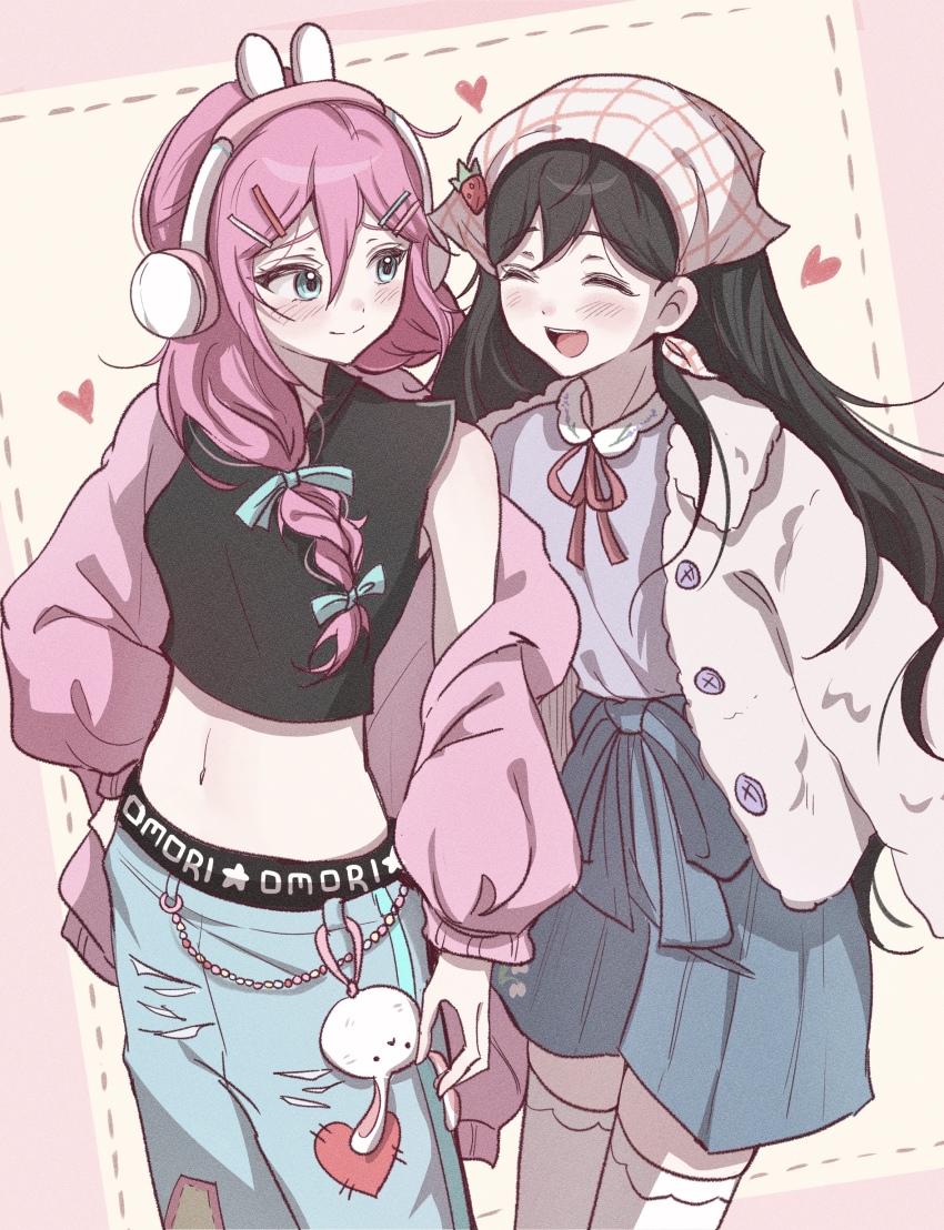 2girls, absurdres, animal_ear_headphones, animal_ears, aubrey_(birthday)_(omori), aubrey_(faraway)_(omori), aubrey_(omori), black_hair