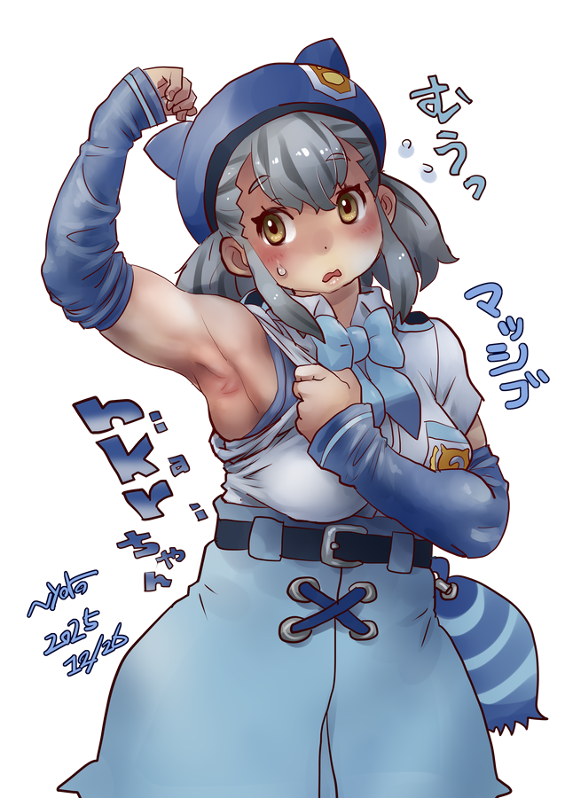 1girl, arm_up, armpits, belt, blush, bow, bowtie, brown_eyes