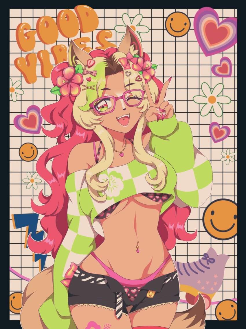 1girl, :d, animal_ears, black_border, black_shorts, blonde_hair, border, bow