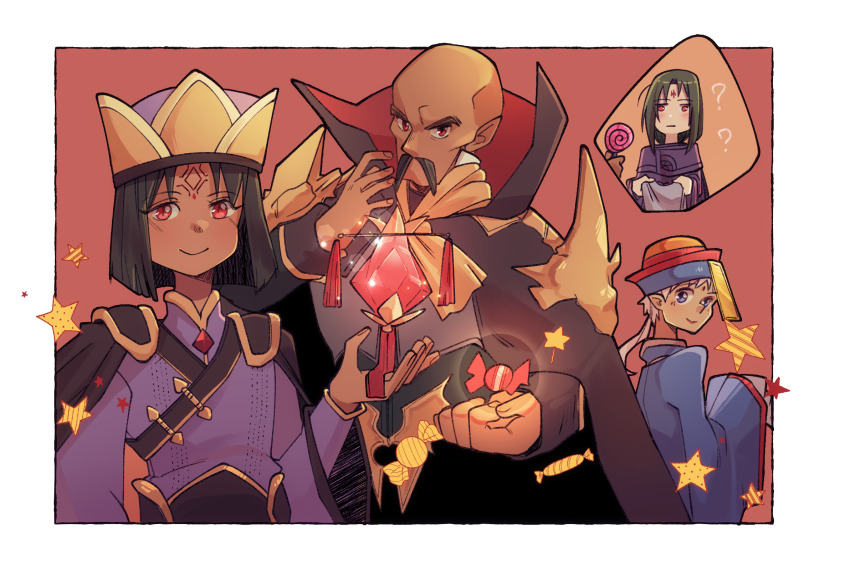 1girl, 3boys, bald, border, candy, charmwitch, commentary, dark-skinned_male