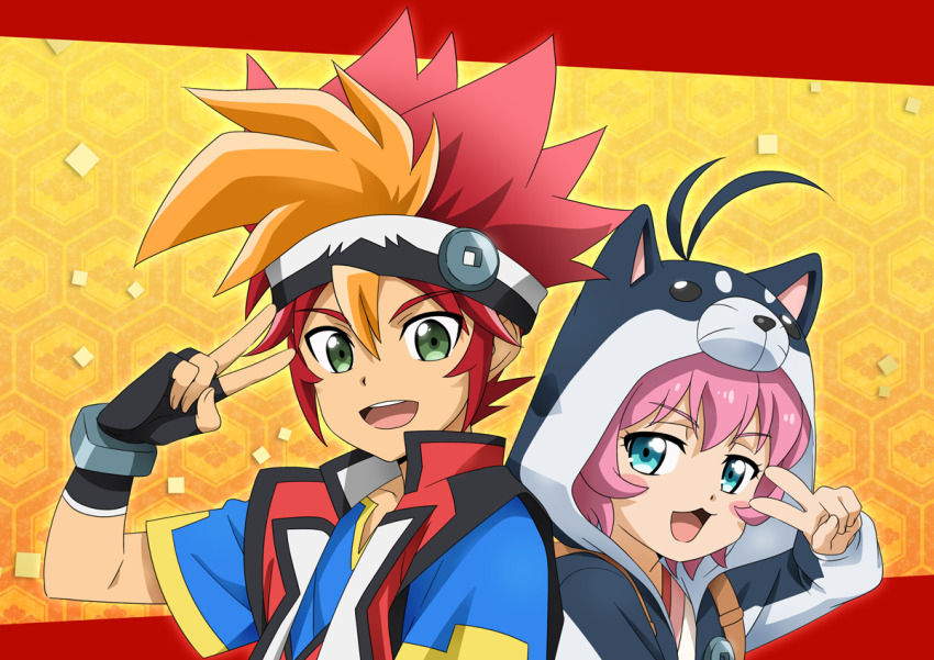 1boy, 1girl, :3, animal_ears, animal_hood, aqua_eyes, battle_spirits, battle_spirits:_burning_soul, black_vest, blue_shirt, blush_stickers, chigayasan, fake_animal_ears, green_eyes, hood, kuroda_kanna, multicolored_hair, multicolored_vest, open_clothes, open_mouth, open_vest, orange_hair, pink_hair, red_hair, red_vest, rekka_yukimura, shirt, teeth, upper_body, upper_teeth_only, v, v_over_eye, vest, white_vest