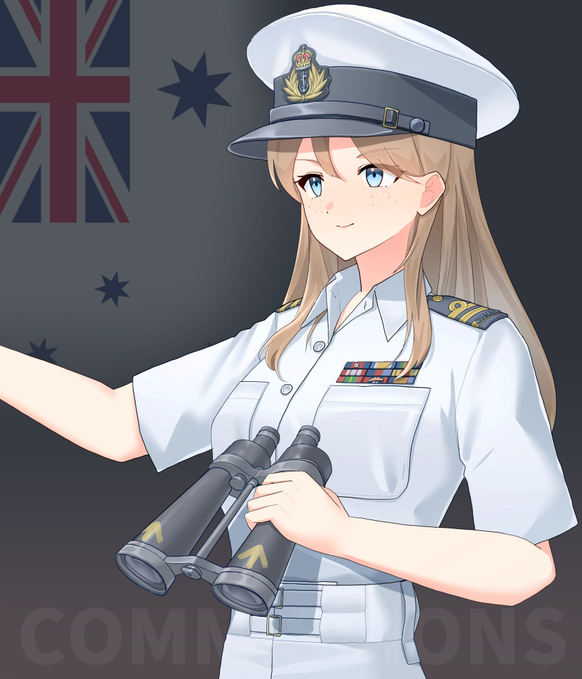 1girl, absurdres, australia, australian_flag, binoculars, blue_eyes, brown_hair, closed_mouth