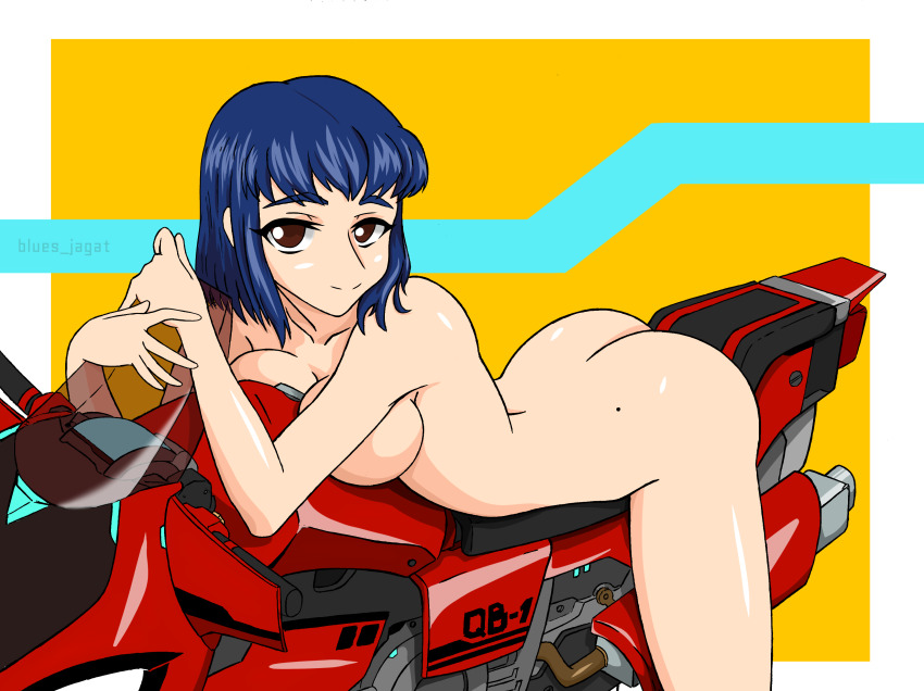 1990s_(style), 1girl, absurdres, anna_miyazaki_(slydarexslider), ass, blues_jagat, breast_press, breasts, brown_eyes, colored_skin, completely_nude, futuristic_bike, highres, holding_hands, large_breasts, looking_at_viewer, mature_female, motor_vehicle, motorcycle, nude, original, retro_artstyle, science_fiction, short_hair, slider_(vehicle), slydarexslider, solo_focus, white_skin, yellow_background