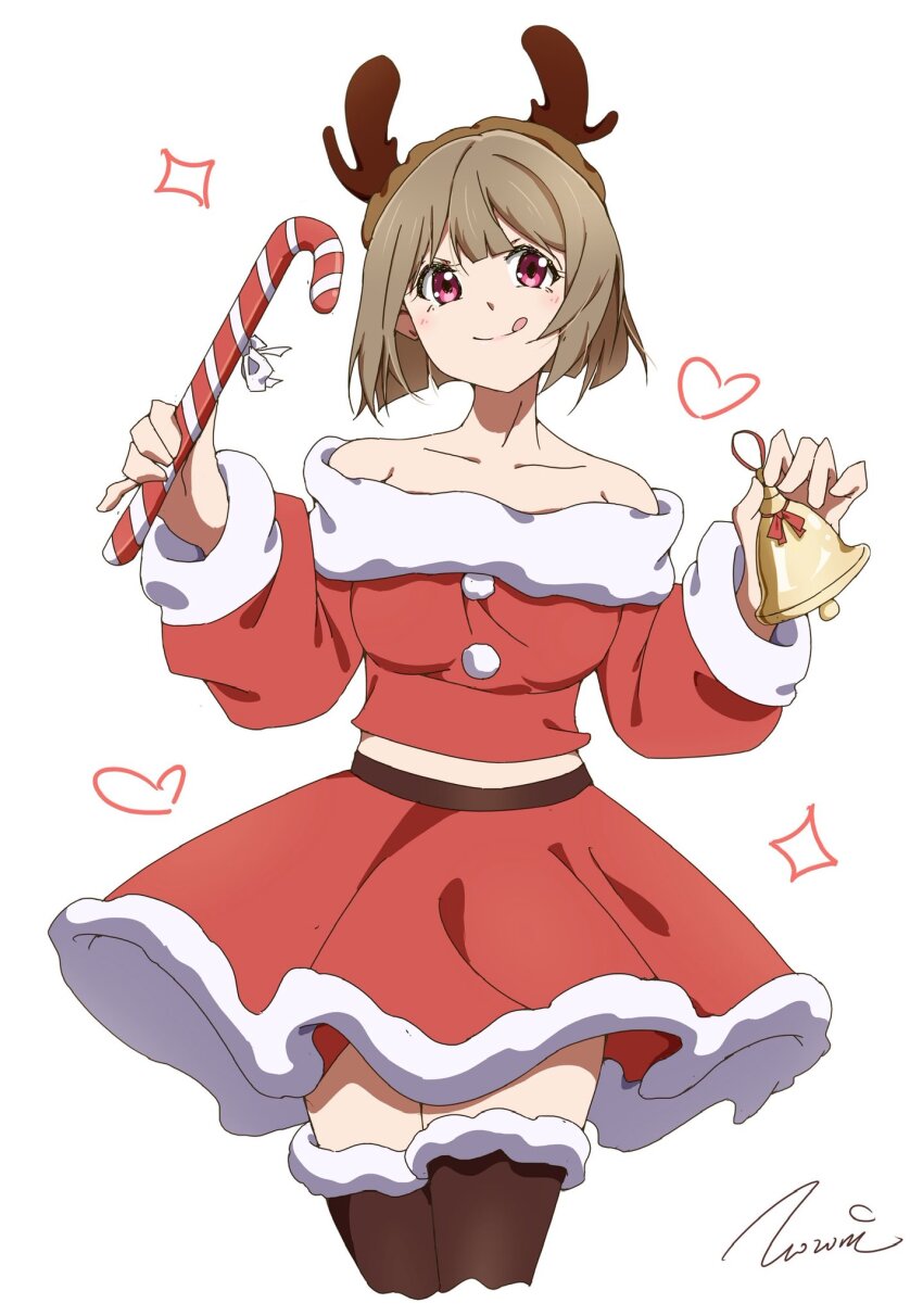 1girl, :p, bell, bob_cut, brown_hair, candy, candy_cane, collarbone