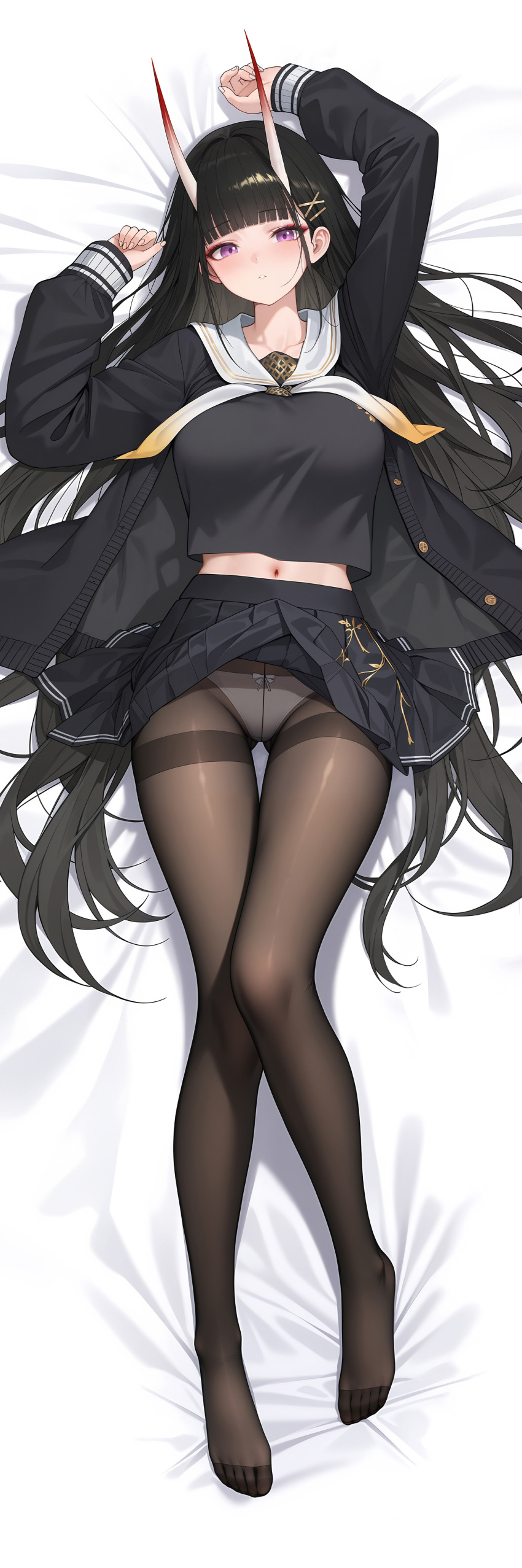 1girl, absurdres, arm_behind_head, azur_lane, black_hair, black_jacket, black_serafuku, black_shirt