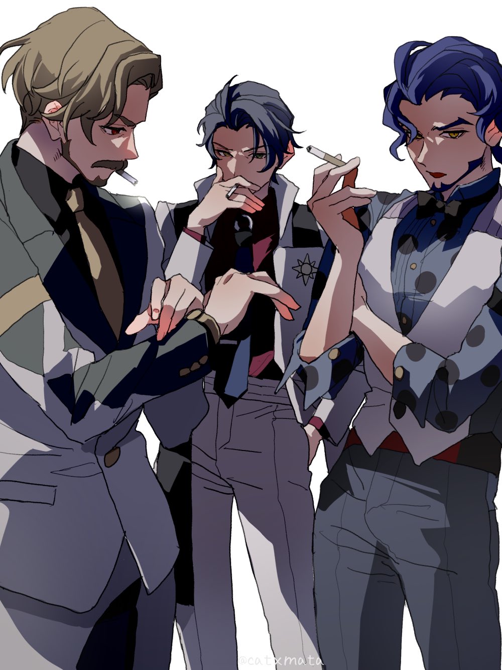 3boys, black_hair, blue_hair, brown_eyes, brown_hair, catxmata, cigarette, commentary_request