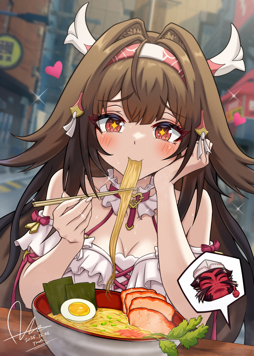 1girl, absurdres, blush, bowl, breasts, brown_hair, chopsticks, cleavage