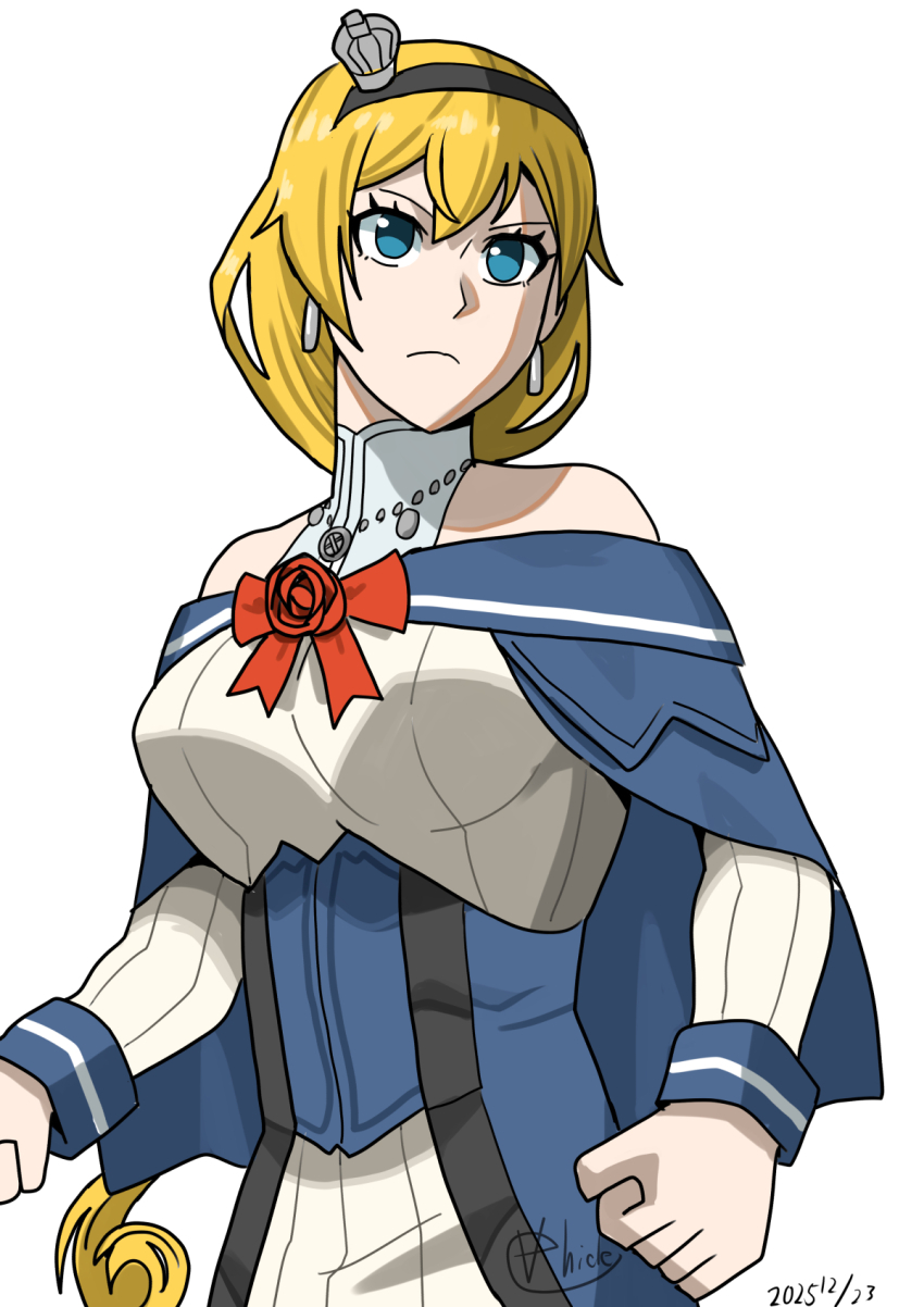 1girl, blonde_hair, blue_capelet, blue_eyes, blue_overskirt, capelet, corset, crown