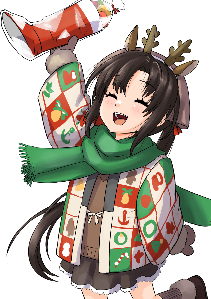 1girl, animal_ears, antlers, arm_up, bandana, black_hair, boots, brown_bandana, brown_boots, brown_gloves, brown_skirt, brown_sweater, christmas_stocking, closed_eyes, coat, commentary_request, deer_ears, fake_antlers, gloves, green_scarf, highres, holding, horns, kantai_collection, leg_up, long_hair, nankai_(kancolle), nekotarou_(nktr299), nosaki_(christmas)_(kancolle), nosaki_(kancolle), official_alternate_costume, open_mouth, print_coat, reindeer_antlers, scarf, sidelocks, simple_background, skirt, smile, solo, sweater, white_background