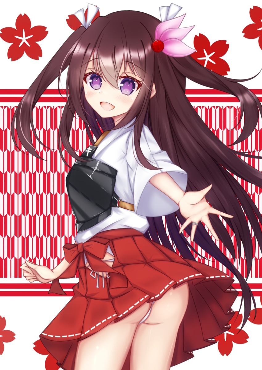 1girl, ass, brown_hair, cosplay, cvtm, hair_ornament, hakama, hakama_short_skirt, hakama_skirt, highres, japanese_clothes, kantai_collection, kisaragi_(kancolle), long_hair, long_sleeves, looking_at_viewer, muneate, open_mouth, panties, pleated_skirt, purple_eyes, red_background, skirt, smile, solo, twintails, underwear, white_background, white_panties, wide_sleeves, zuikaku_(kancolle), zuikaku_(kancolle)_(cosplay)