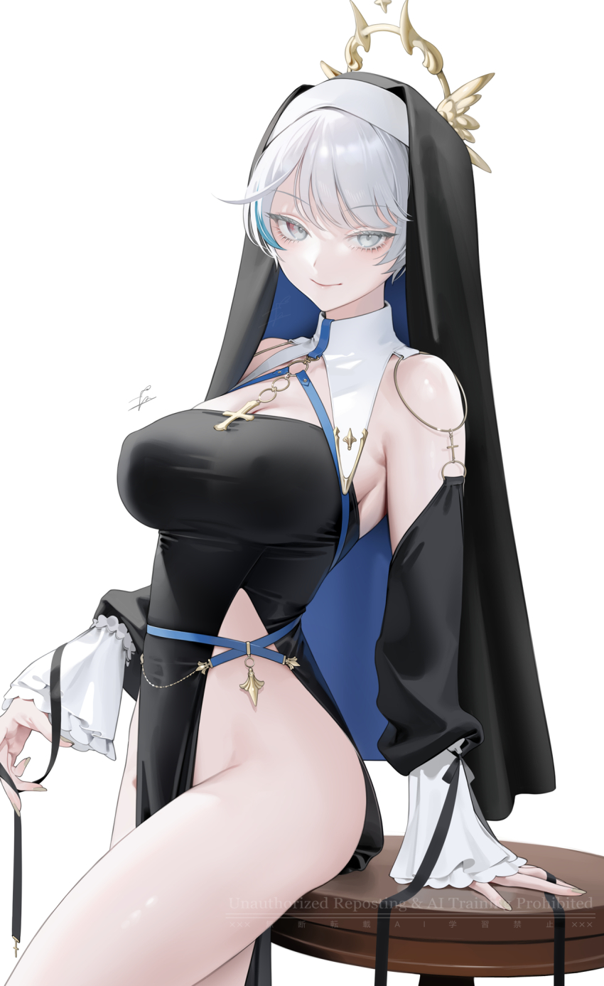 1girl, arm_support, artist_name, bare_shoulders, black_dress, black_veil, blue_hair, blue_streaks