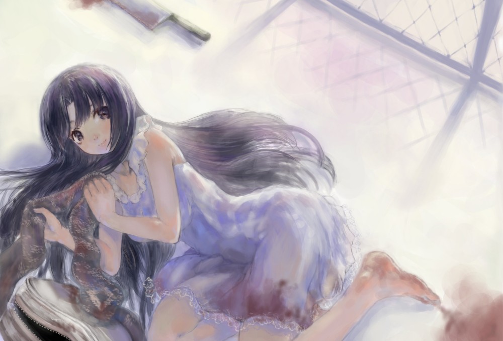 00s, 1girl, barefoot, black_eyes, black_hair, blood, cleaver, female_focus