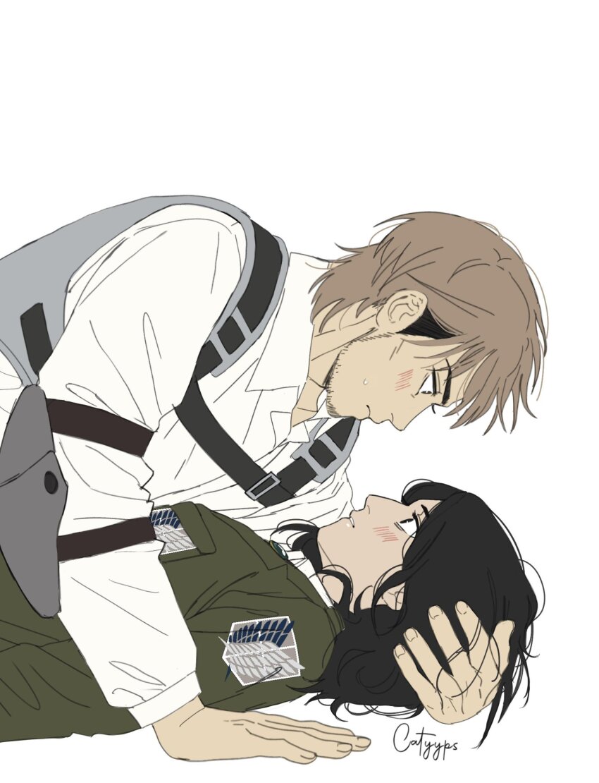 1boy, 1girl, artist_name, beard, black_hair, blush, brown_hair, catyyps