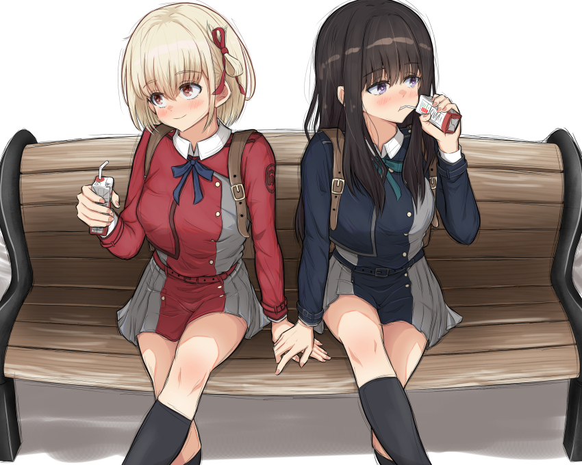 2girls, absurdres, bench, black_hair, black_leggings, black_shirt, blonde_hair, blush