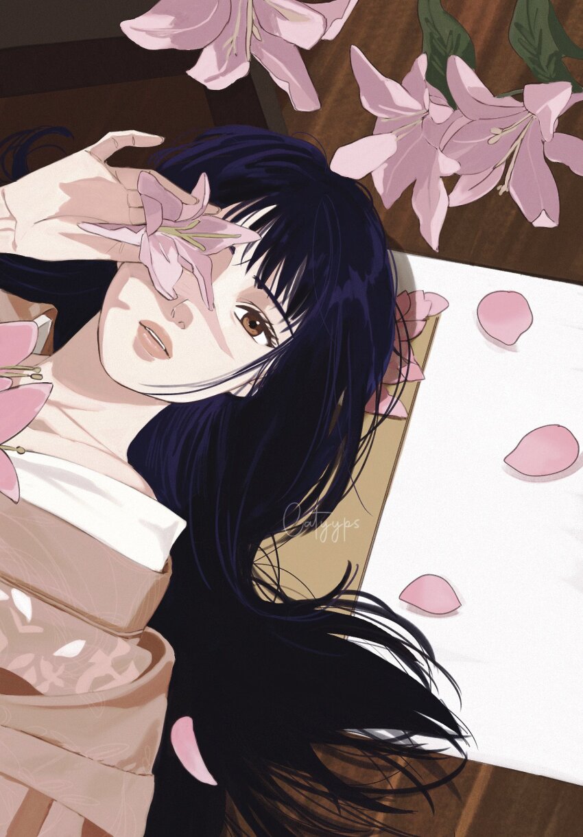 1girl, artist_name, black_hair, brown_eyes, brown_kimono, catyyps, falling_petals, flower
