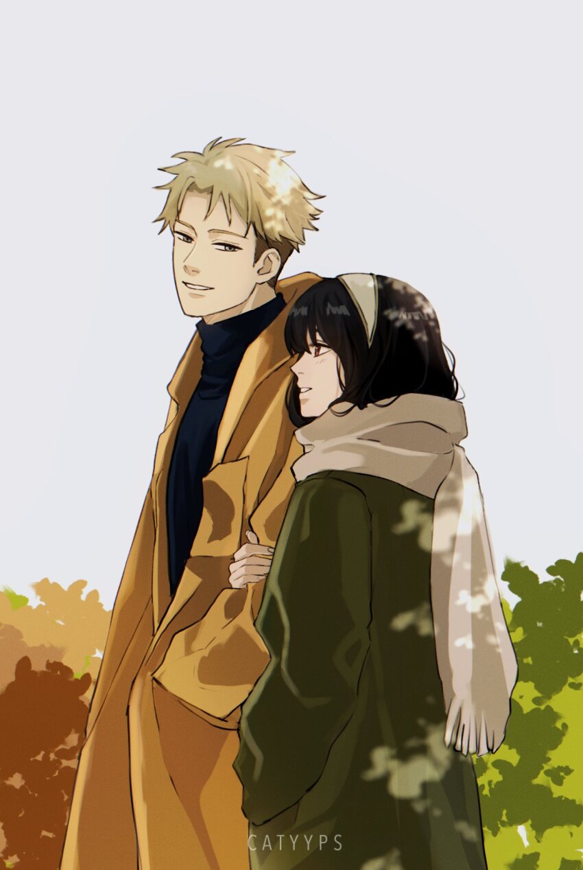 1boy, 1girl, artist_name, black_hair, black_sweater, blonde_hair, catyyps, coat