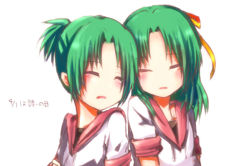 2girls, blush, closed_eyes, green_hair, higurashi_no_naku_koro_ni, long_hair, multiple_girls, sleeping