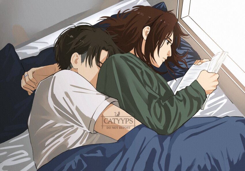 1boy, 1girl, artist_name, bed_sheet, black_hair, book, brown_hair, catyyps