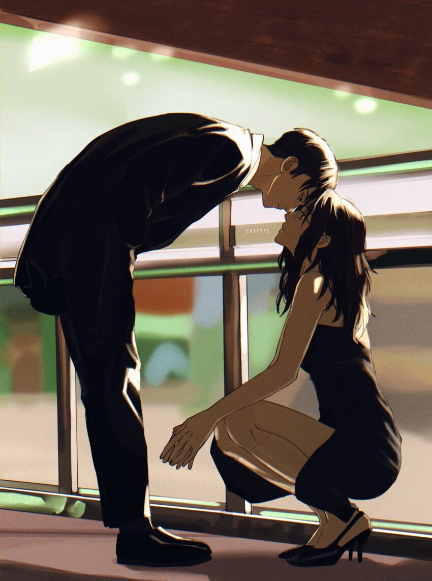 1boy, 1girl, artist_name, bare_arms, bare_shoulders, bent_over, black_dress, black_hair, black_jacket, black_pants, black_shoes, black_suit, breasts, catyyps, dress, forehead-to-forehead, formal_clothes, full_body, glasses, hange_zoe, heads_together, high_heels, highres, jacket, levi_(shingeki_no_kyojin), long_hair, looking_at_another, medium_breasts, pants, pumps, shingeki_no_kyojin, shoes, short_hair, squatting, suit, suit_jacket