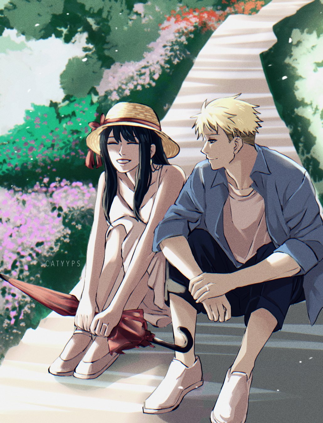 1boy, 1girl, artist_name, bare_arms, bare_shoulders, black_hair, black_pants, blonde_hair