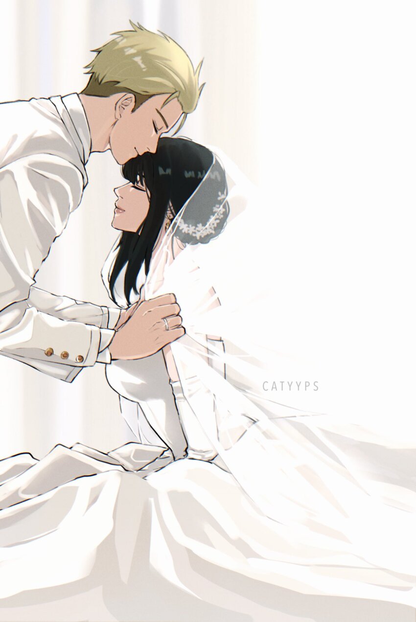 1boy, 1girl, artist_name, black_hair, blonde_hair, breasts, bridal_veil, catyyps