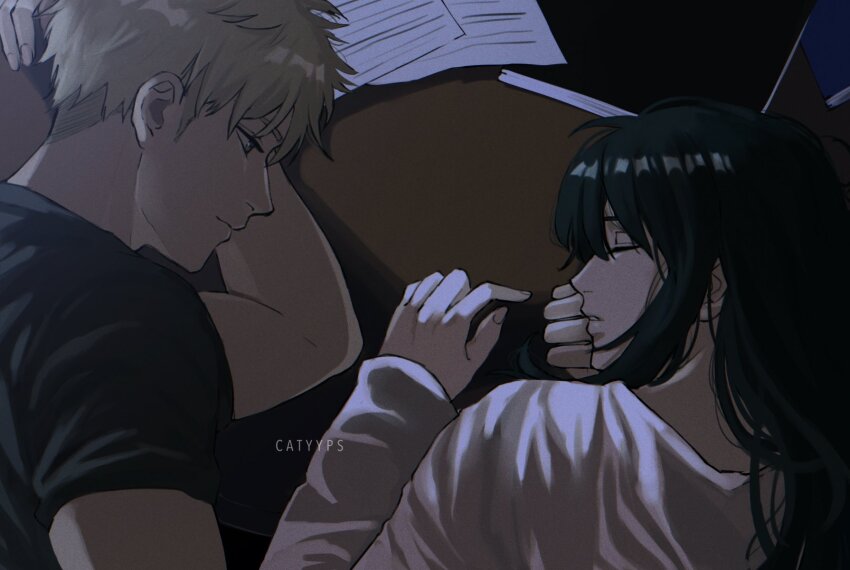 1boy, 1girl, artist_name, black_hair, black_shirt, blonde_hair, catyyps, closed_eyes