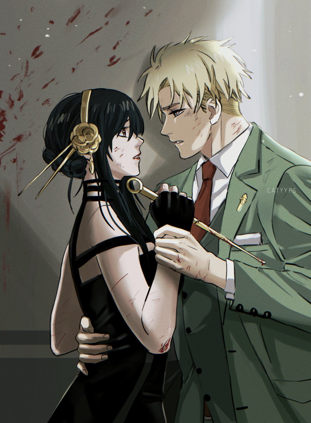 1boy, 1girl, arm_around_another's_waist, artist_name, bare_shoulders, black_dress, black_gloves, black_hair