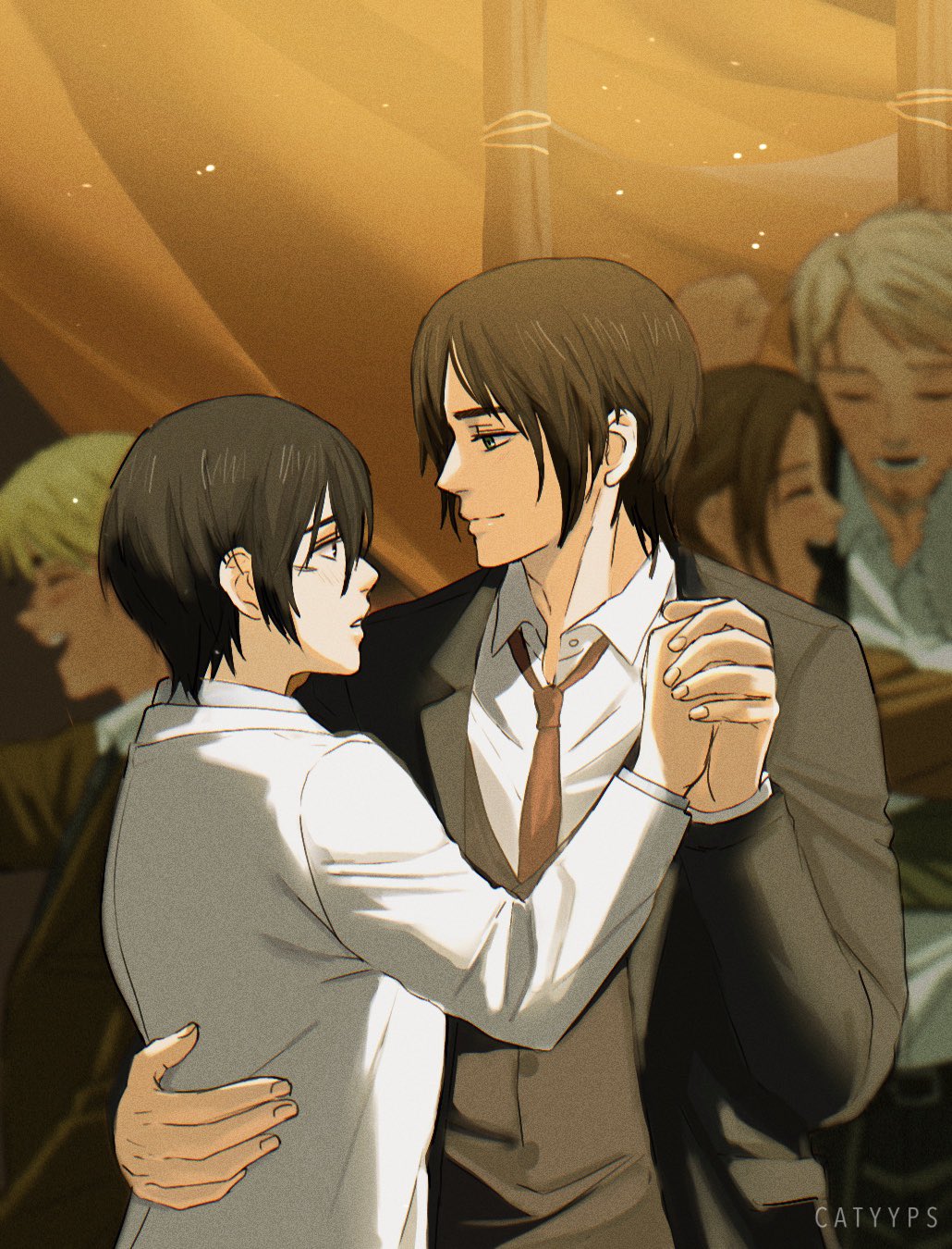 2girls, 3boys, armin_arlert, artist_name, black_jacket, blonde_hair, blurry, blurry_background, brown_hair, catyyps, closed_eyes, collared_shirt, couple, dancing, eren_yeager, facial_scar, hair_between_eyes, hand_on_another's_back, hetero, highres, holding_hands, jacket, laughing, light_smile, looking_at_another, mikasa_ackerman, multiple_boys, multiple_girls, necktie, open_mouth, parted_bangs, parted_lips, red_necktie, scar, scar_on_cheek, scar_on_face, shingeki_no_kyojin, shirt, short_hair, suit_jacket, upper_body, white_jacket, white_shirt