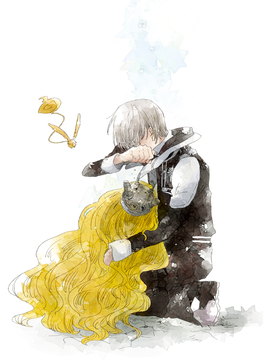 1boy, 1girl, abstract_background, absurdres, allen_walker, belt, black_belt, black_boots