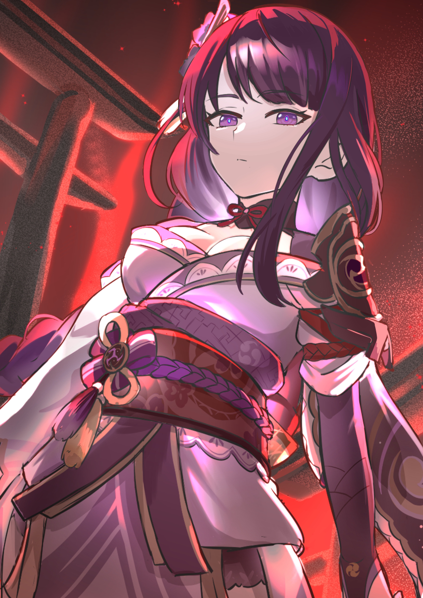 1girl, absurdres, asymmetrical_sleeves, blue_pupils, blunt_bangs, blurry, blurry_background, breasts