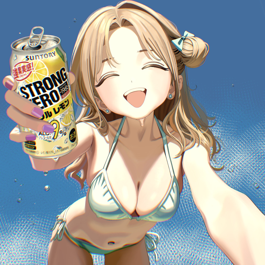 1girl, alcohol, bikini, blue_sky, breasts, brown_hair, cleavage, closed_eyes