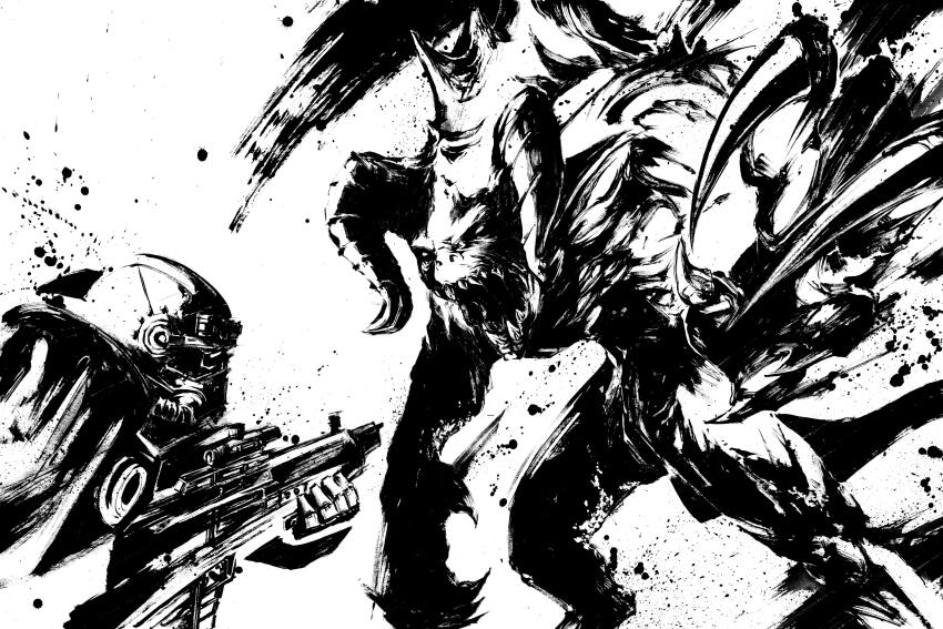 1other, absurdres, aiming, armor, assault_rifle, battle, brotherhood_of_steel, claws, commentary_request, deathclaw, fallout, fallout_4, greyscale, gun, highres, holding, holding_gun, holding_weapon, horns, monochrome, monster, okazu_(sumi-e), power_armor, power_armor_(fallout), rifle, second-party_source, weapon