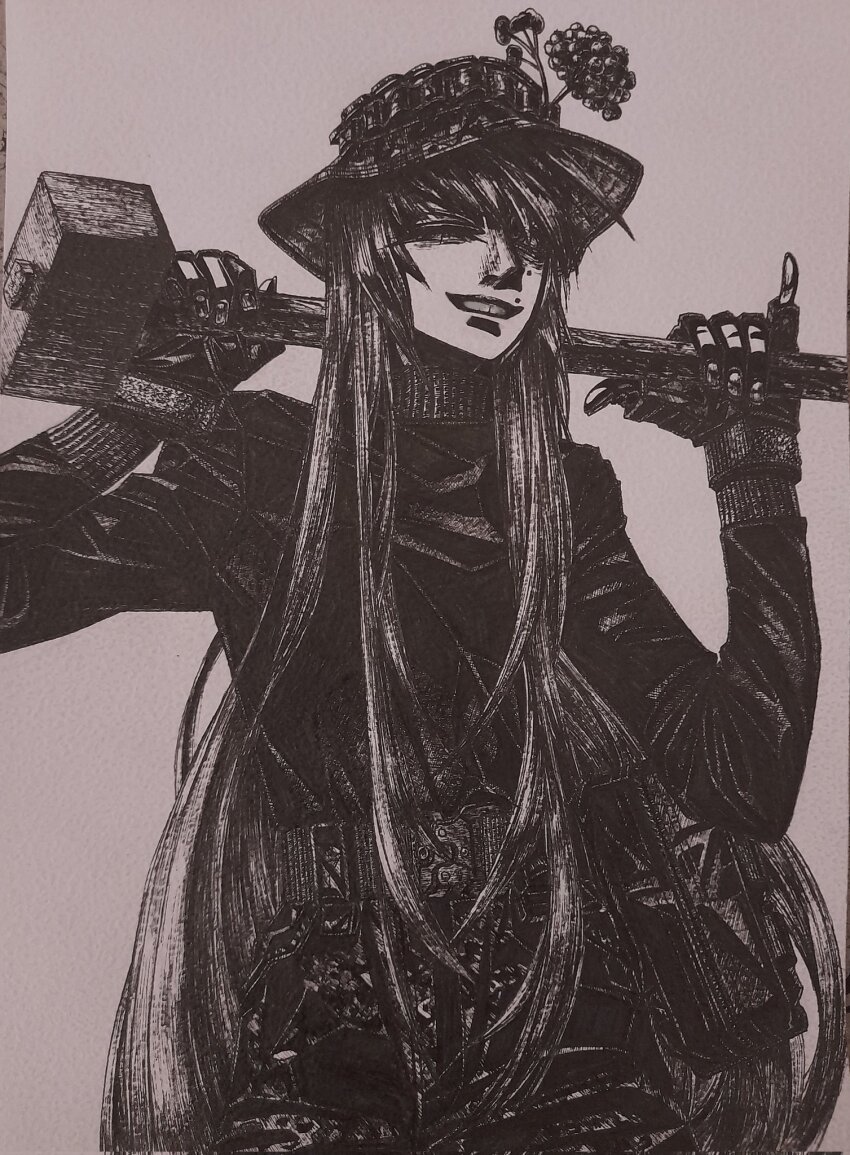 1girl, black_gloves, black_jacket, bonnet, bordfunker133, camouflage, camouflage_pants, carrying_over_shoulder