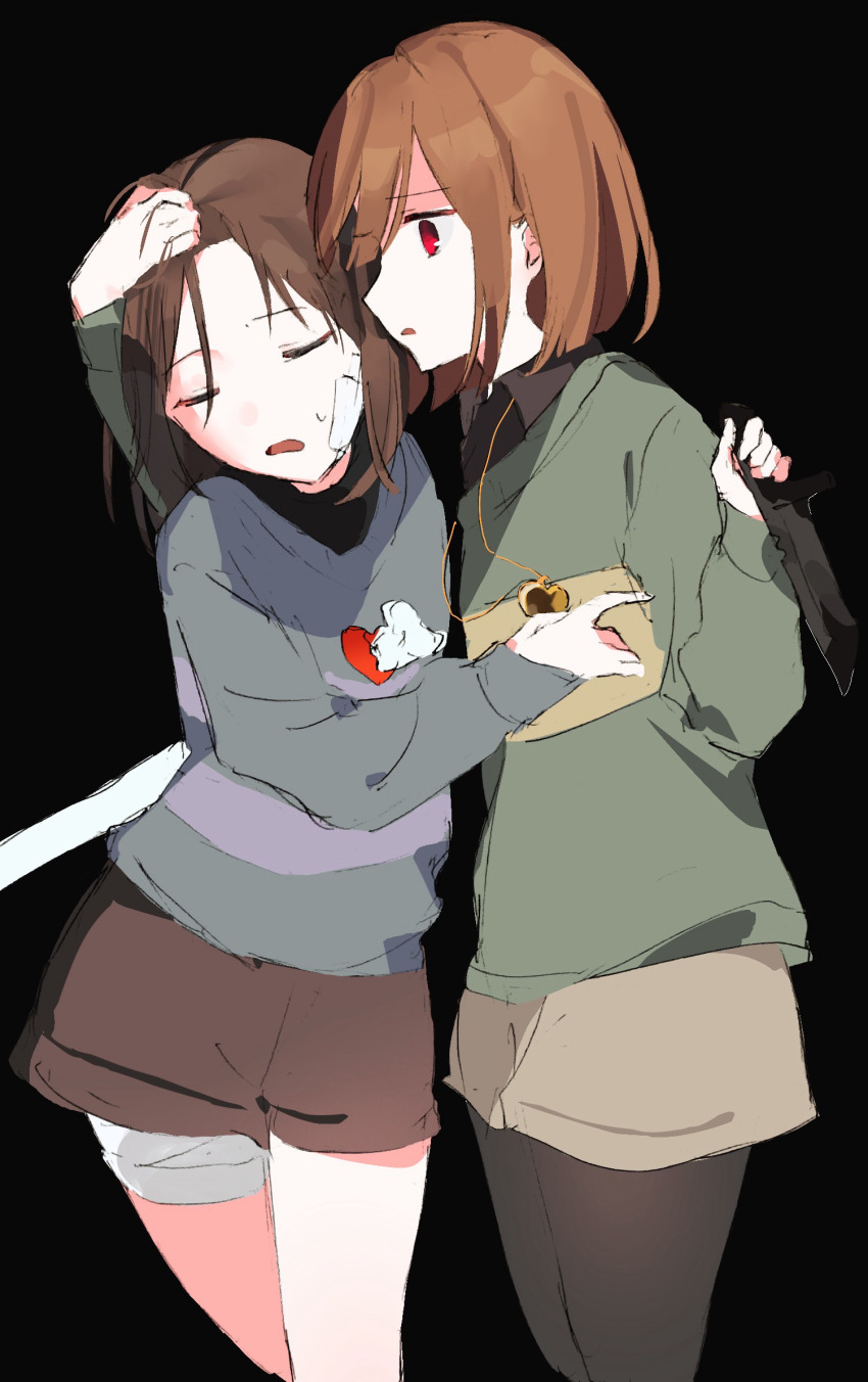 2others, androgynous, black_background, blue_sweater, bone, brown_hair, brown_shorts, chara_(undertale)