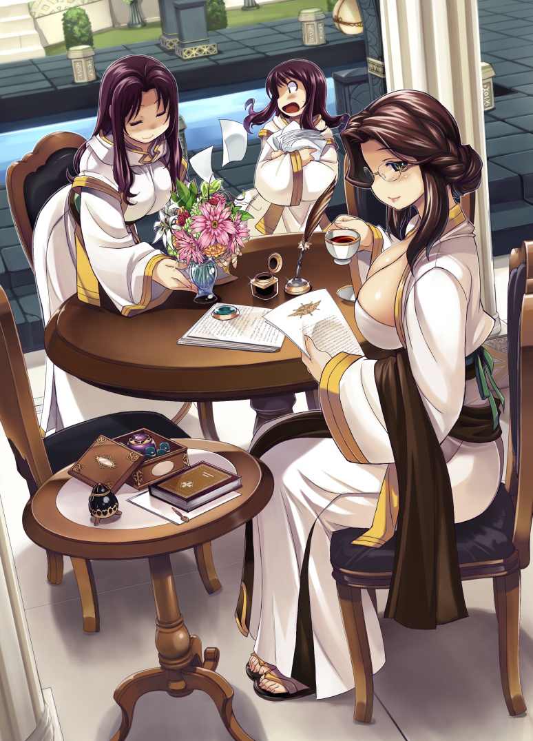 3girls, blush, book, breasts, cleavage, dutch_angle, flower, glasses, huge_breasts, mil_(xration), multiple_girls, nemma_(ragnarok_online), niren, niren_(ragnarok_online), panno_(ragnarok_online), ragnarok_online, siblings, sisters, sitting, table, tea, twins