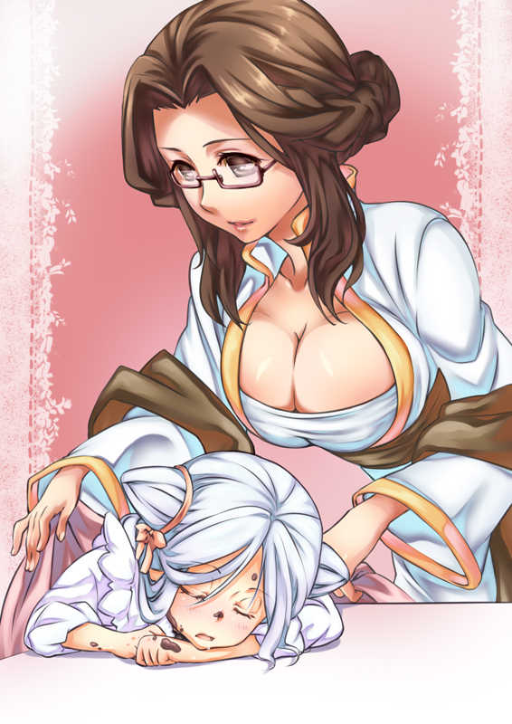2girls, age_difference, arunafeltz_pope, breasts, brown_hair, child, chocolate, cleavage, glasses, huge_breasts, large_breasts, long_hair, multiple_girls, niren, niren_(ragnarok_online), ragnarok_online, ribbon, semi-rimless_eyewear, sleeping, under-rim_eyewear, white_hair