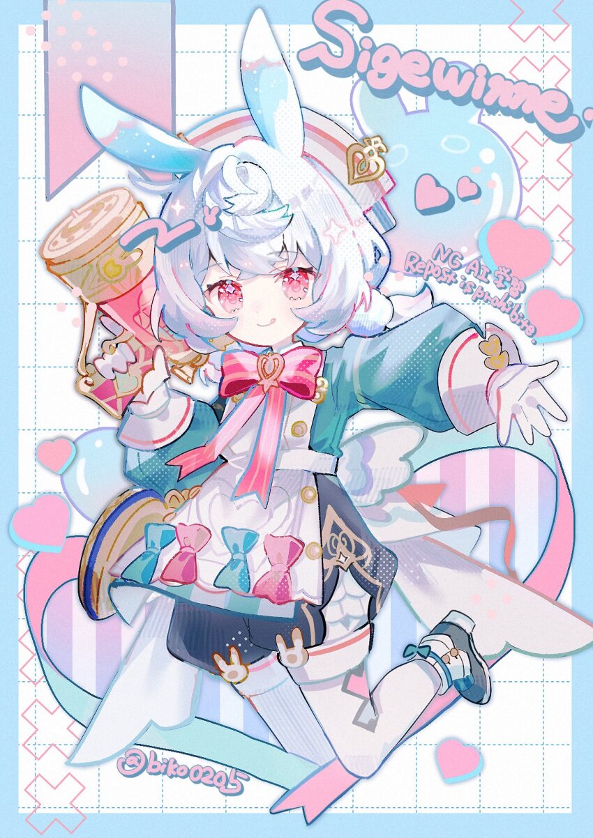 1girl, :p, animal_ears, aqua_shirt, biko0205, blue_hair, border, bow