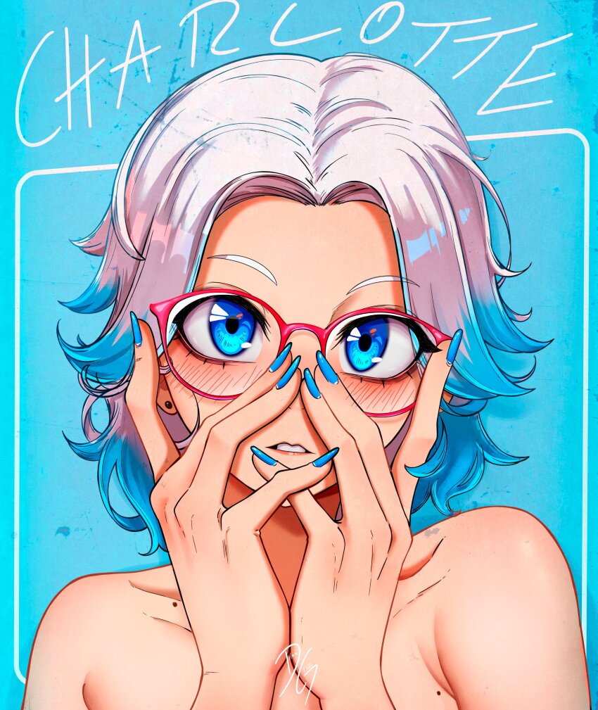 1girl, absurdres, armpit_crease, blue_background, blue_eyes, blue_hair, blue_nails, blush
