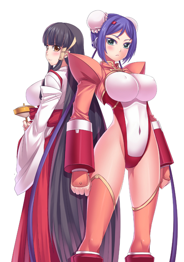 2girls, aq_interactive, arcana_heart, atlus, black_hair, blush, breasts, darkmaya