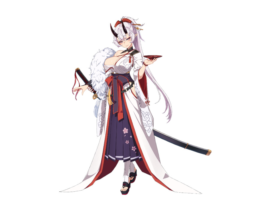 1girl, alcohol, belt, black_collar, black_horns, black_skirt, breasts, cherry_blossoms, chest_sarashi, cleavage, closed_mouth, clothing_cutout, cloud_print, collar, cup, eyebrows_hidden_by_hair, floral_print, fur_scarf, game_cg, hair_between_eyes, hair_ornament, hair_stick, high_ponytail, hip_vent, horns, japanese_clothes, katana, kimono, large_breasts, light_smile, long_sword, lost_sword:_tales_of_britania, manaita_obi, mole, mole_on_breast, official_art, oni, partially_open_shirt, platform_sandals, pleated_skirt, pointy_ears, ponytail, ran_(lost_sword), sakazuki, sake, sandals, sarashi, saya_(scabbard), sheath, sheathed, single_bare_shoulder, skirt, socks, standing, sword, tassel, third-party_source, transparent_background, weapon, white_hair, white_kimono, white_socks, wide_sleeves