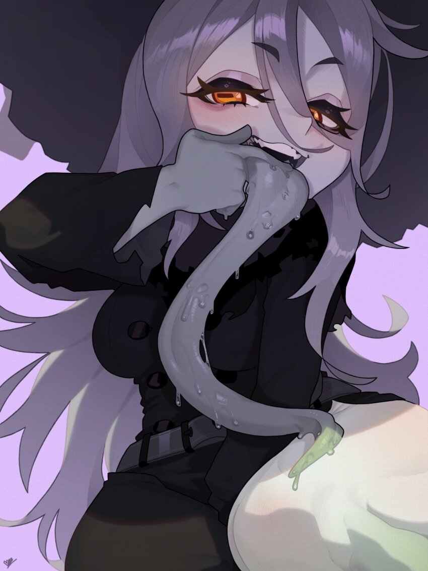 1girl, artist_request, colored_tongue, green_tongue, hat, highres, long_tongue, remy_(seihai)