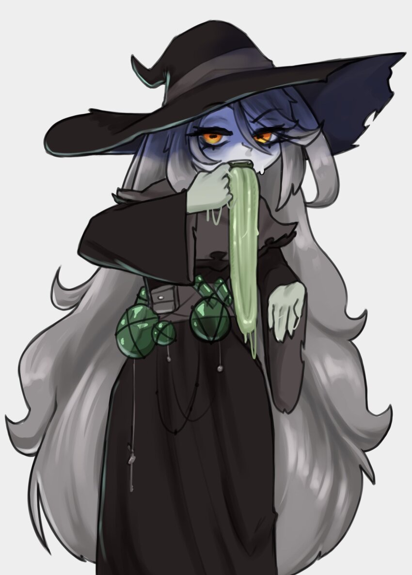 1girl, artist_request, colored_tongue, green_tongue, hat, highres, long_tongue, remy_(seihai)