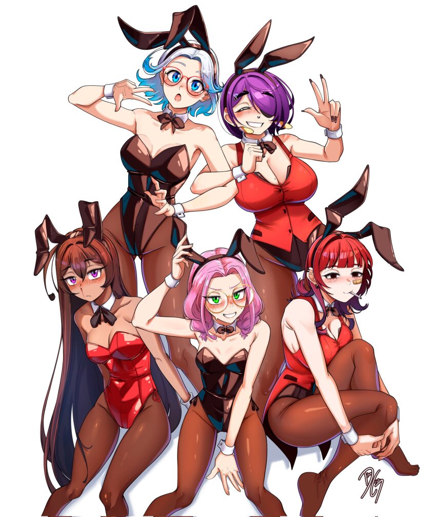 5girls, animal_ear_hairband, animal_ears, arm_up, armpit_crease, bandaid, bandaid_on_cheek, bandaid_on_face