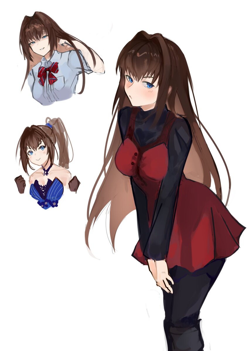 1girl, absurdres, aozaki_aoko, aozaki_aoko_(second_ascension), aozaki_aoko_(third_ascension), bare_shoulders, black_gloves, black_pantyhose, black_sweater, blue_dress, blue_eyes, blush, boots, bow, bowtie, breasts, brown_hair, choker, cleavage, dress, fate/grand_order, fate_(series), gloves, grin, hair_intakes, high_ponytail, highres, large_breasts, long_hair, long_sleeves, looking_at_viewer, mahou_tsukai_no_yoru, multiple_views, pantyhose, ponytail, red_dress, shirt, short_dress, short_sleeves, sidelocks, smile, sweater, thigh_boots, thighs, white_shirt, yotsutsu428