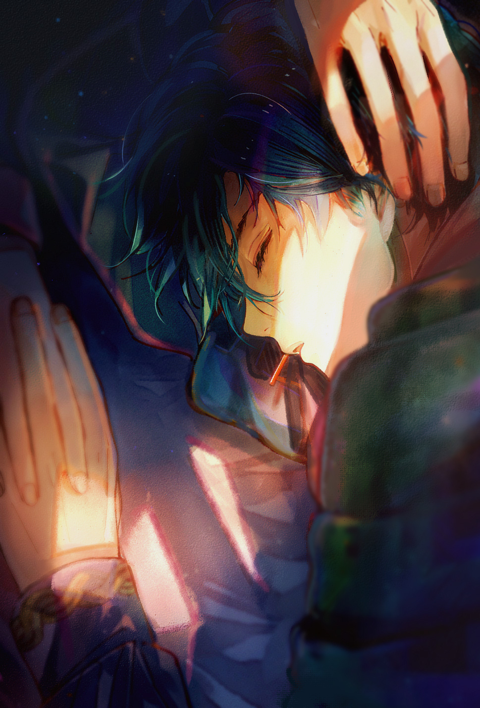 1boy, 1girl, akuma_shitsuji_to_kuroi_neko, aqua_hair, bed_sheet, black_shirt, closed_eyes, crack_of_light