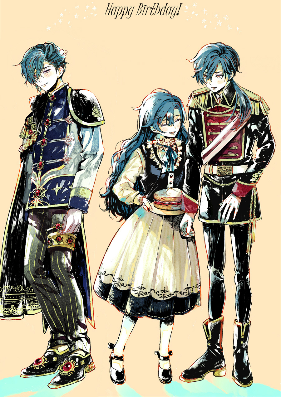 1boy, 1girl, ^_^, akuma_shitsuji_to_kuroi_neko, alternate_costume, aqua_hair, bib_collar, birthday_cake, black_boots, black_cape, black_coat, black_jacket, black_pants, black_shoes, black_skirt, black_vest, blue_ribbon, blush, boots, brother_and_sister, buttons, cake, cape, closed_eyes, closed_mouth, coat, collar, cross, cross_earrings, dress_shoes, earrings, english_text, epaulettes, food, formal_clothes, frilled_collar, frills, fringe_trim, full_body, gem, gloves, gold_thighlet, gold_trim, hair_over_one_eye, half-closed_eyes, happy_birthday, haures_clifford, high_collar, highres, holding, holding_cake, holding_food, jacket, jewelry, leaning_to_the_side, long_hair, long_sleeves, looking_at_another, looking_down, low_ponytail, mary_janes, multicolored_jacket, multiple_views, neck_ribbon, nonoko_(meg36544), open_mouth, pale_skin, pants, pleated_skirt, ponytail, red_eyes, red_gem, red_sash, ribbon, sash, shirt, shoes, short_hair, shoulder_sash, siblings, side_part, side_ponytail, skirt, smile, standing, star_(symbol), striped_clothes, striped_pants, thighlet, tricia_clifford, two-tone_jacket, two-tone_shirt, vertical-striped_clothes, vertical-striped_pants, vest, wavy_hair, white_gloves, white_jacket, white_shirt, white_skirt, wing_collar