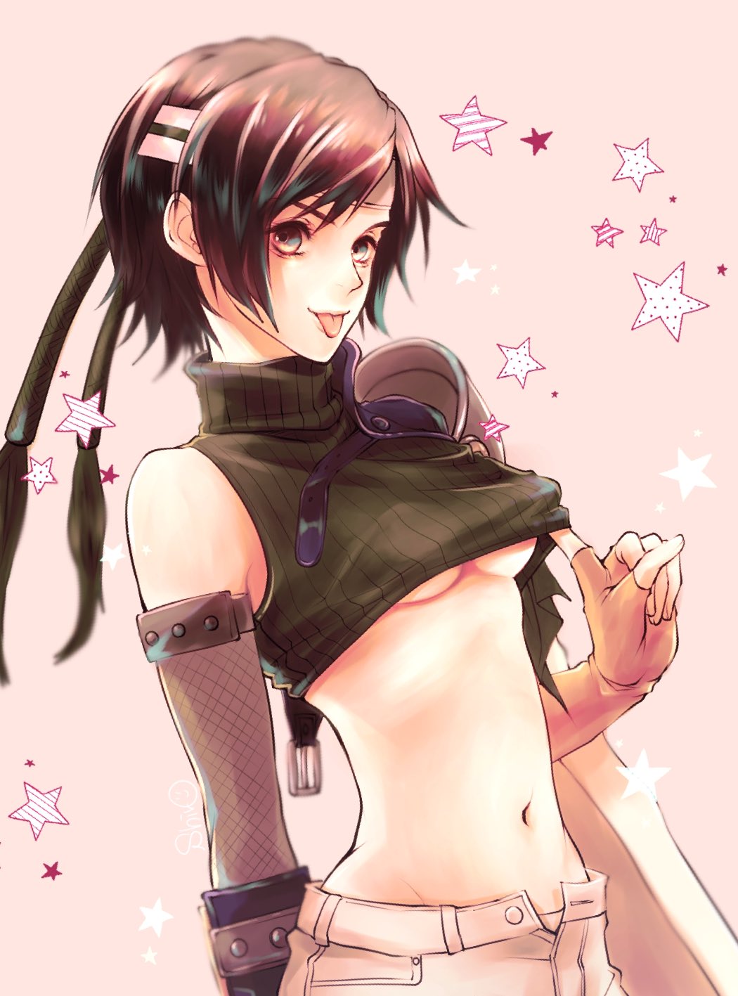 1girl, breasts, final_fantasy, final_fantasy_vii, highres, s_hitorigoto3, tagme, tongue, tongue_out, underboob, yuffie_kisaragi