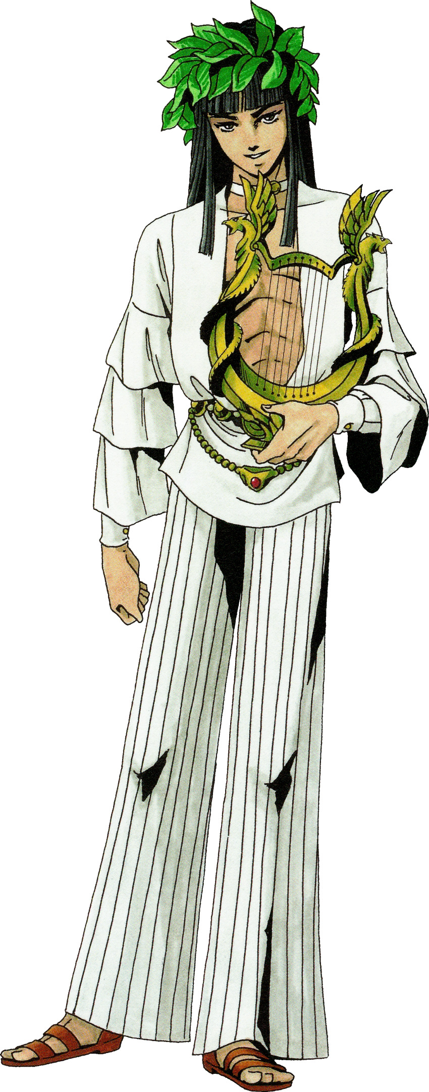 1boy, absurdres, black_hair, gimmel_(megami_tensei), greco-roman_clothes, highres, holding, holding_instrument, holding_lyre, instrument, kazuma_kaneko, laurel_crown, lyre, official_art, sandals, scan, shin_megami_tensei, shin_megami_tensei_ii, smile, solo, standing, third-party_source, transparent_background